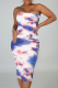 Deep Blue Sexy Patchwork Tie-dye Strapless Pencil Skirt Dresses