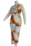 Orange Sexy Print Patchwork Square Collar Pencil Skirt Plus Size Dresses