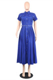 Blue Fashion Casual Solid With Belt Turndown Collar Short Sleeve Dress