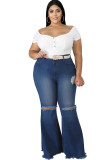 Dark Blue Denim Casual Sexy Fashion Zippered Hole Solid washing Button Zipper 