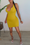 Fluorescent Green Sexy Solid Patchwork U Neck Pencil Skirt Dresses