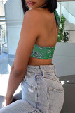 Red Fashion Sexy Print Bandage Backless Halter Tops