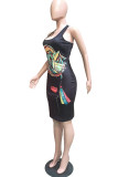 White Europe and America Street White Spaghetti Strap Sleeveless O neck Pencil Dress Knee-Length Print Dresses