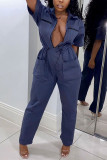 Navy Blue Casual Pocket Solid zipper Short Sleeve Half-Open collar Jumpsuits