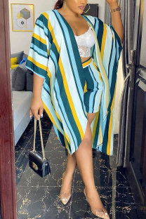 Lake Green Fashion Casual adult Striped Patchwork Print ruffle Two Piece Suits Straight Half Sleeve Two Pieces