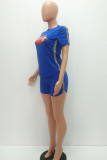 Blue Fashion Casual Patchwork Print Two Piece Suits pencil Short Sleeve Two Pieces