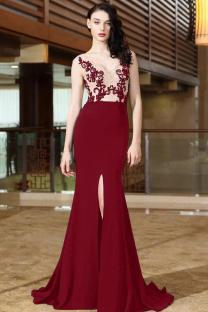 Wine Red Sexy adult Fashion Spaghetti Strap Sleeveless V Neck Mermaid Floor-Length lace split Patch