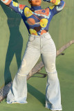 Baby Blue Fashion Casual Solid Ripped Plus Size Jeans