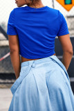 Blue O Neck Short Sleeve Slim fit Solid Letter