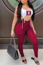 Wine Red Milk Silk Sexy Print Bandage crop top pencil Sleeveless Two Pieces
