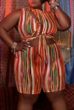 Multicolor Fashion Casual Striped Print Hollowed Out O Neck Regular Romper