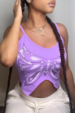 Rose Red Fashion Sexy Print Backless Asymmetrical Spaghetti Strap Tops