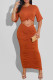 Orange Sexy Casual Solid Hollowed Out Fold O Neck Short Sleeve Dress