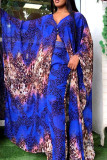 Blue Red Street Print Patchwork Buttons V Neck Long Sleeve Two Pieces