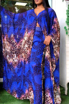 Royal Blue Street Print Patchwork Buttons V Neck Long Sleeve Two Pieces