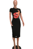 Black Fashion adult Sexy Cap Sleeve Short Sleeves O neck A-Line Mid-Calf hole Print asymmetrical