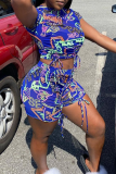Blue Casual Print Draw String Turtleneck Short Sleeve Two Pieces