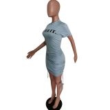 Blue Fashion Work Black Grey Blue Sleeve Short Sleeves O neck Lantern skirt skirt Print Dresses