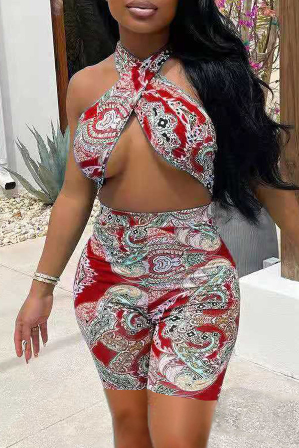 Red Fashion Sexy Print Hollowed Out Backless Halter Skinny Romper