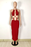White Sexy Solid Hollowed Out Halter Pencil Skirt Dresses