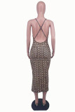 Gold Fashion Sexy Print Backless Spaghetti Strap Sleeveless Dress