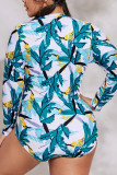 Green Casual Print Patchwork Zipper Zipper Collar Plus Size Swimwear