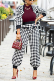Black White Street Plaid Patchwork Turndown Collar Long Sleeve Two Pieces