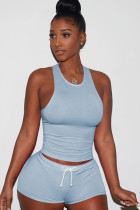 Light Blue knit Sexy Patchwork Two Piece Suits Solid Straight Sleeveless Two-Piece Short Set