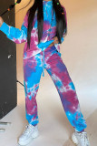 Blue Sportswear Spandex Blends Print Draw String Tie-dye Hooded Collar Long Sleeve Regular Sleeve Regular Two Pieces