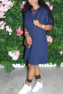 Navy Blue Fashion Casual Black Yellow rose red Navy Blue Army Green Cap Sleeve Short Sleeves O neck A-Line Knee-Length Solid Dresses