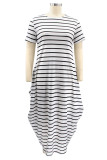 White Fashion Casual Plus Size Striped Print Basic O Neck Short Sleeve Dress
