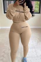 Khaki Fashion Casual Pit Article Fabrics Letter Embroidered Boat Neck Two Pieces