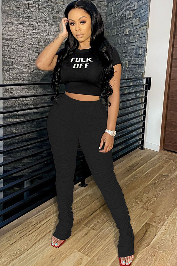 Black Fashion Sexy adult Ma'am Letter Two Piece Suits pencil Short Sleeve Two Pieces