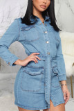 Light Blue Sexy Solid Patchwork Turndown Collar Pencil Skirt Dresses