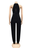 Blue Sexy Solid Bandage Slit Jumpsuits
