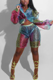 Colour Sexy Casual Print Patchwork See-through Turndown Collar Long Sleeve Two Pieces