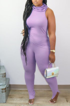 purple Street Print Solid Straight Sleeveless Two Pieces