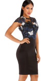 Blue Celebrities Cap Sleeve Short Sleeves O neck Step Skirt Knee-Length Patchwork Print