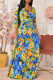 Blue Fashion Casual Print Bandage V Neck Long Dress