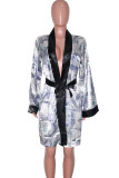 purple Fashion Casual Adult Print Patchwork With Belt V Neck Outerwear
