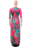 Pink Sexy Print Patchwork V Neck Waist Skirt Dresses