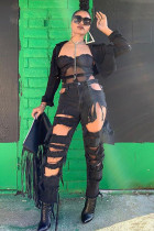 Black Denim Zipper Fly Button Fly High Solid washing Hole Zippered Straight Pants 