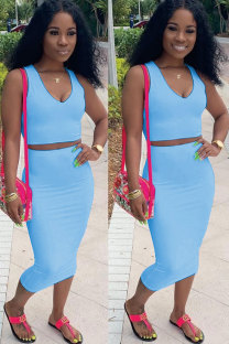Blue Sexy Fashion Patchwork Solid A-line skirt Two-Piece Dress