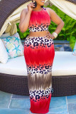 Red Fashion Sexy Print Basic O Neck Sleeveless Two Pieces