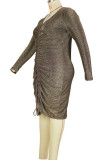 Gold Sexy Solid Patchwork V Neck Pencil Skirt Plus Size 