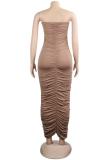 Coffee Sexy Fashion Off The Shoulder Sleeveless Wrapped chest Sheath Ankle-Length asymmetrical So