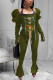 Army Green Street Solid Bandage Square Collar Long Sleeve Two Pieces