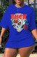 Blue Fashion Casual Print Basic O Neck Short Sleeve T-shirt Dress