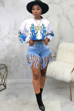 White O Neck Long Sleeve Letter Long Sleeve Tops