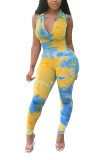 Yellow Fashion street Print Patchwork Tie-dyed Sleeveless Turndown Collar Jumpsuits